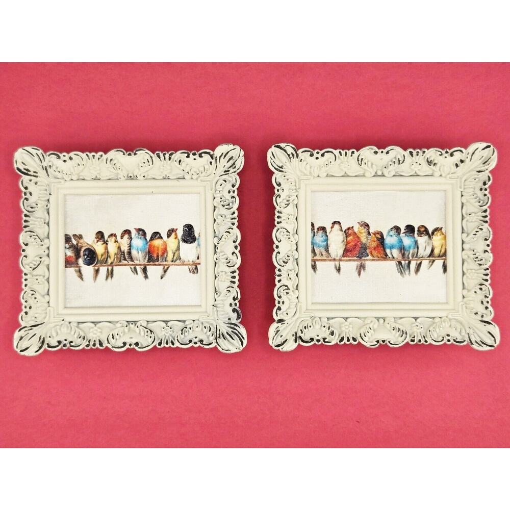 Perch of Birds by Hector Giacomelli Mini Antique Canvas Painting Framed Art SET